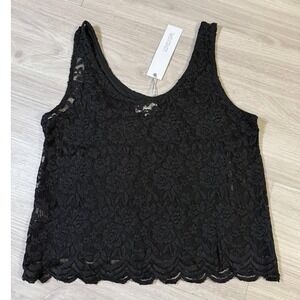 LOVELY GIRL Black Lace Crop Tank Top Sheer Mesh V-Neck Camisole Women's